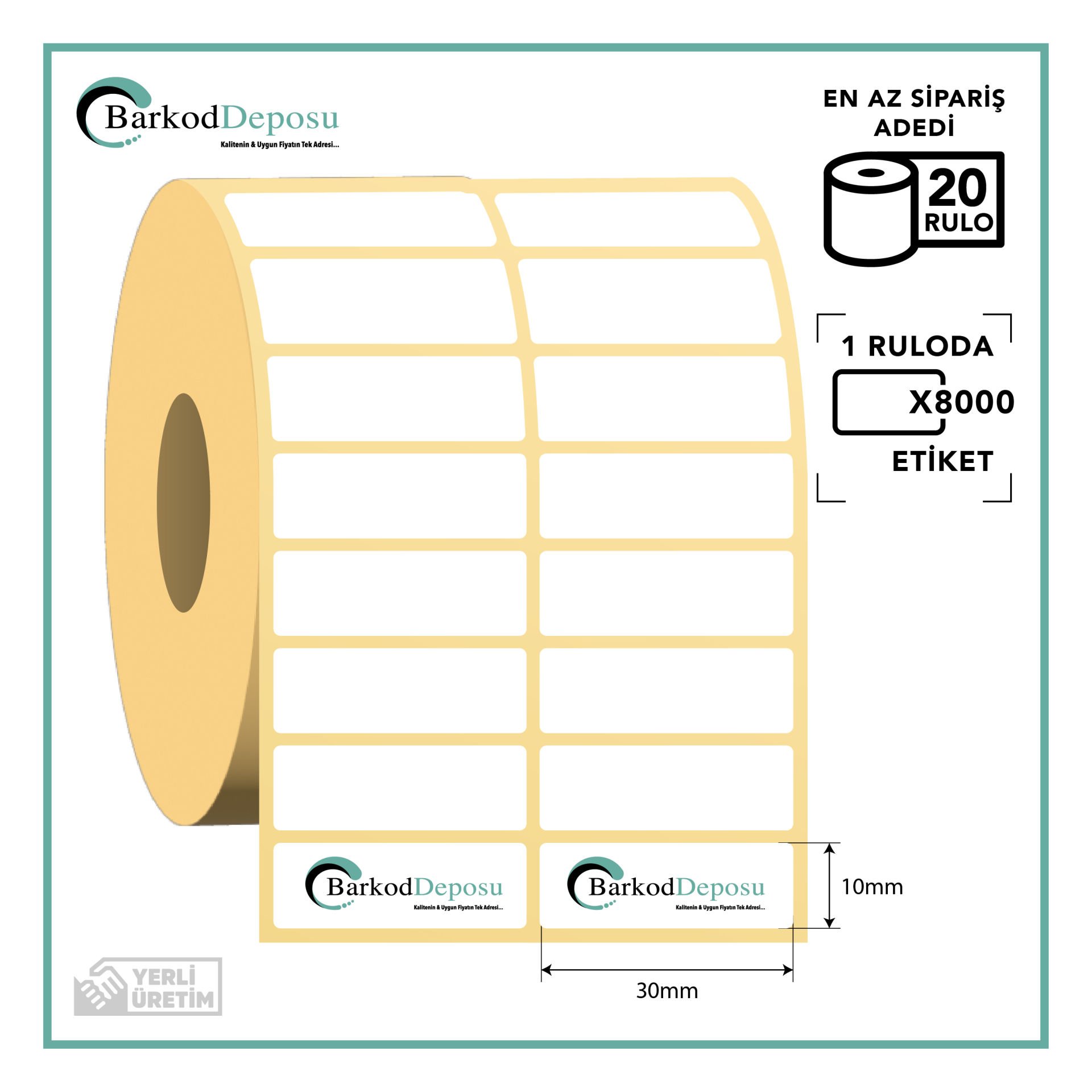 30x10 2Lİ Ayrık Kuşe Barkod Etiketi 8000 Sarım (RİBON İLE BASKI)