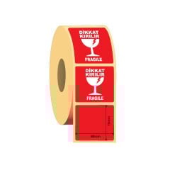 80x70 Dikkat Kırılır Baskılı Kuşe Etiket - 250 Sarım - 1 Koli (100 Rulo)
