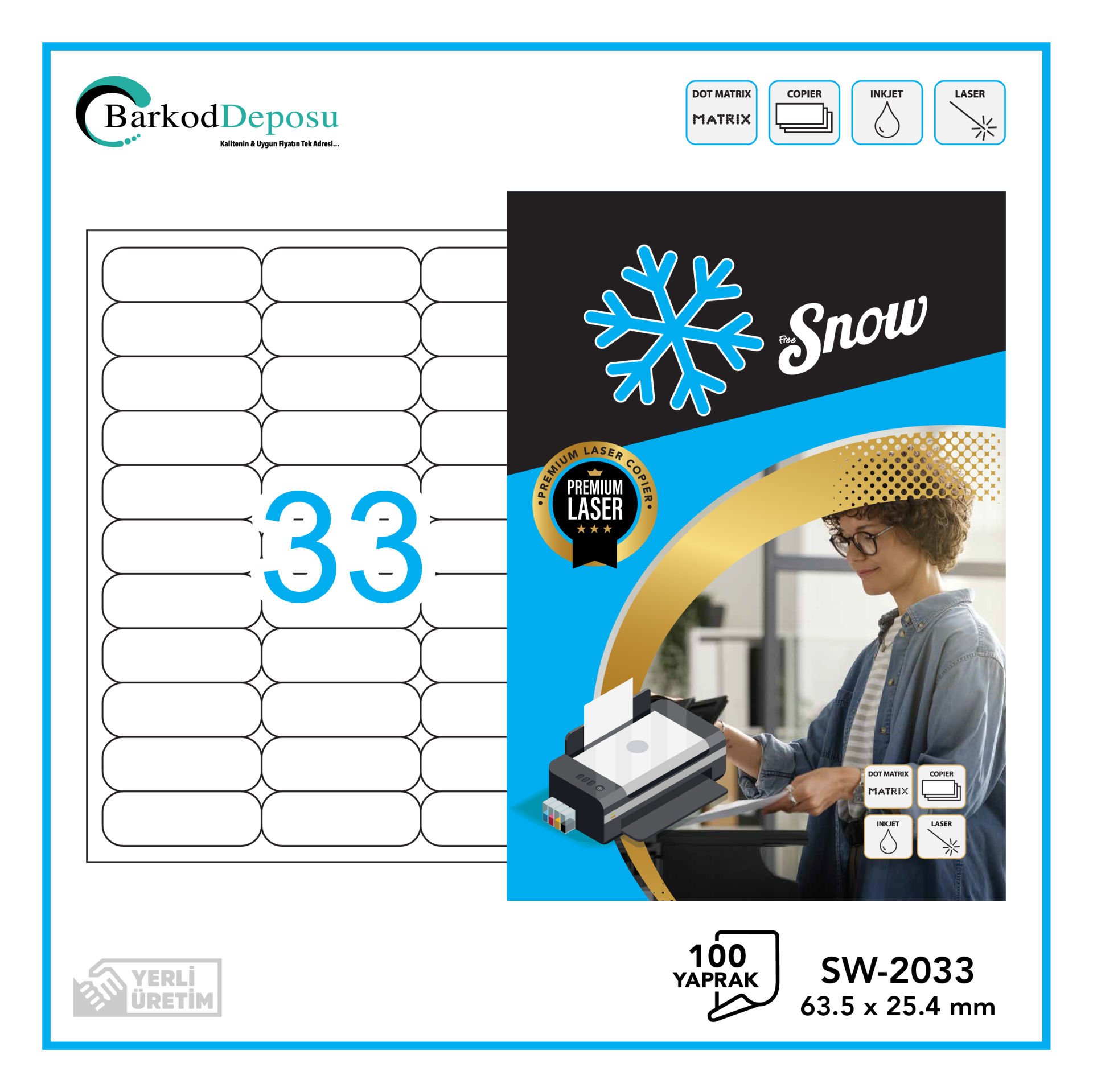 SW-2033 SNOW A4 Lazer Etiket 63.5X25.4 mm