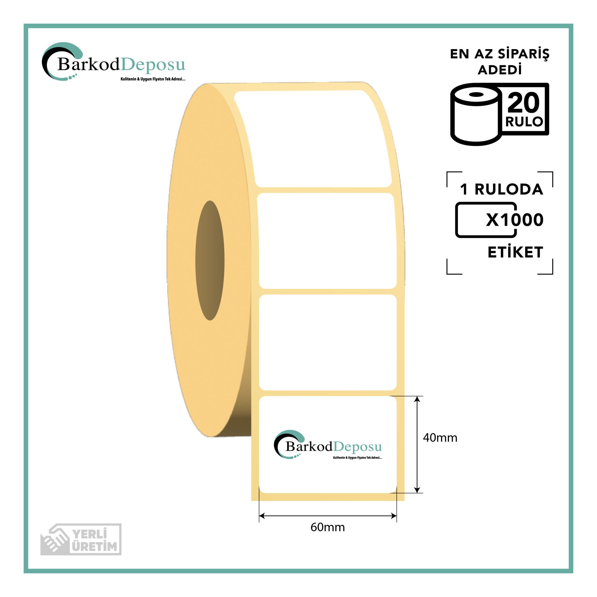 60X40 Kuşe Barkod Etiketi 1000 Sarım (RİBON İLE BASKI)