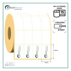 25x40 4'lü Bitişik Kuşe Barkod Etiketi 4000 Sarım (RİBON İLE BASKI)