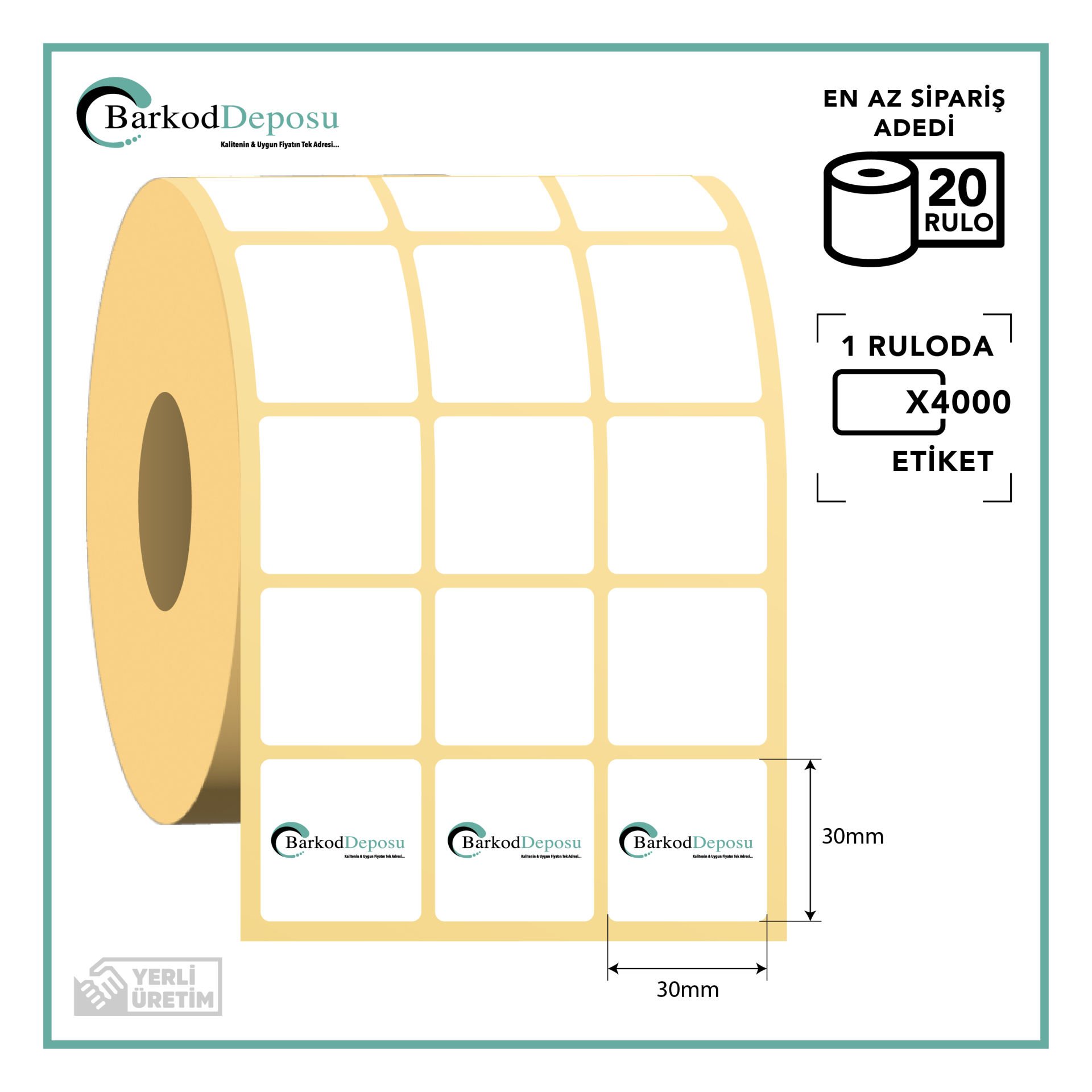 30x30 3'Lü Ayrık Kuşe Barkod Etiketi 4000 Sarım (RİBON İLE BASKI)