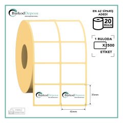 45x35 2'Li Ayrık Kuşe Barkod Etiketi 2500 Sarım (RİBON İLE BASKI)