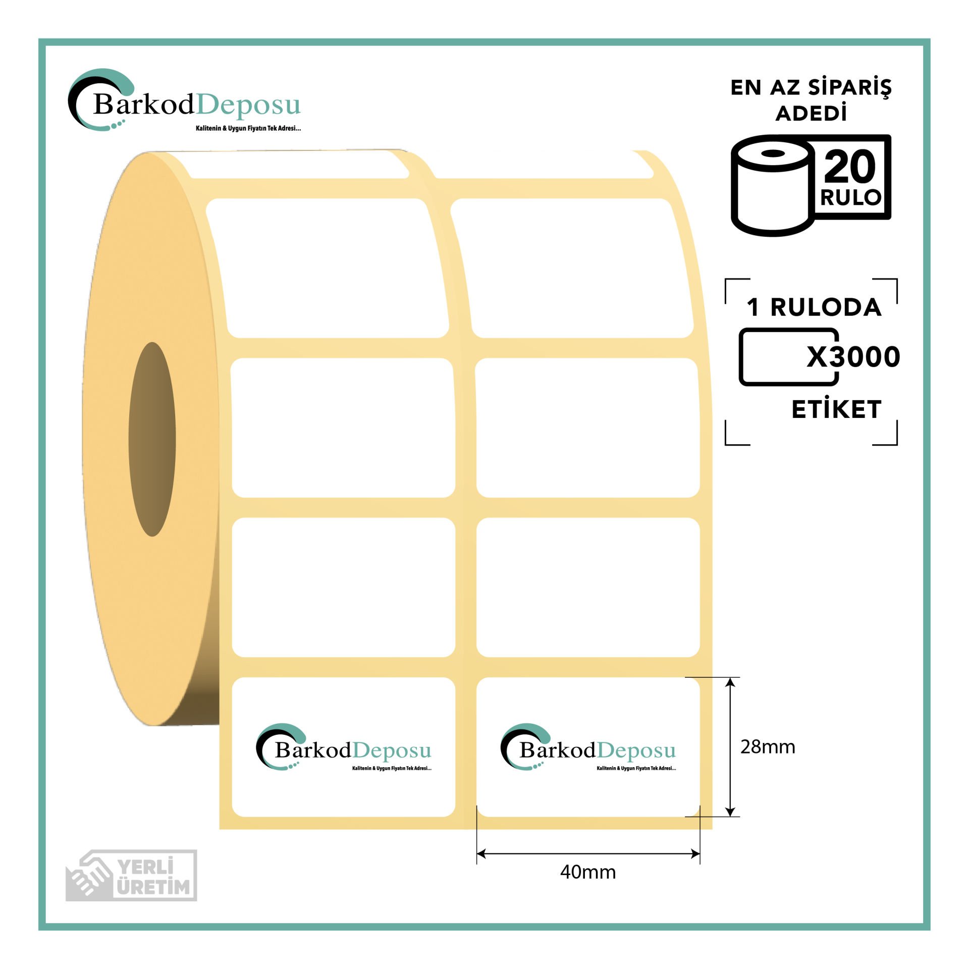 40x28 2'Li Ayrık Kuşe Barkod Etiketi 3000 Sarım (RİBON İLE BASKI)