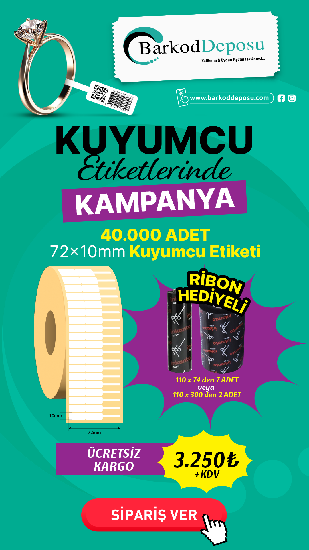 72x10 Kuyumcu / Takı Etiketi P.P.OPAK 4000 Sarım / 40bin Adet